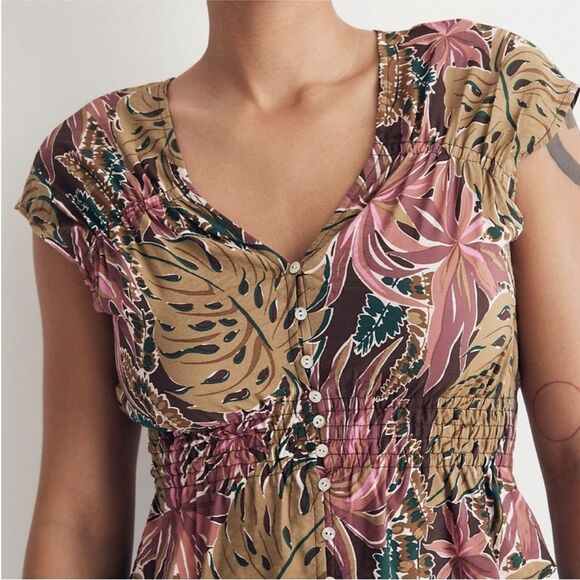 Madewell Shirred Cap-Sleeve Top in Brushstroke Monstera - Picture 5 of 6